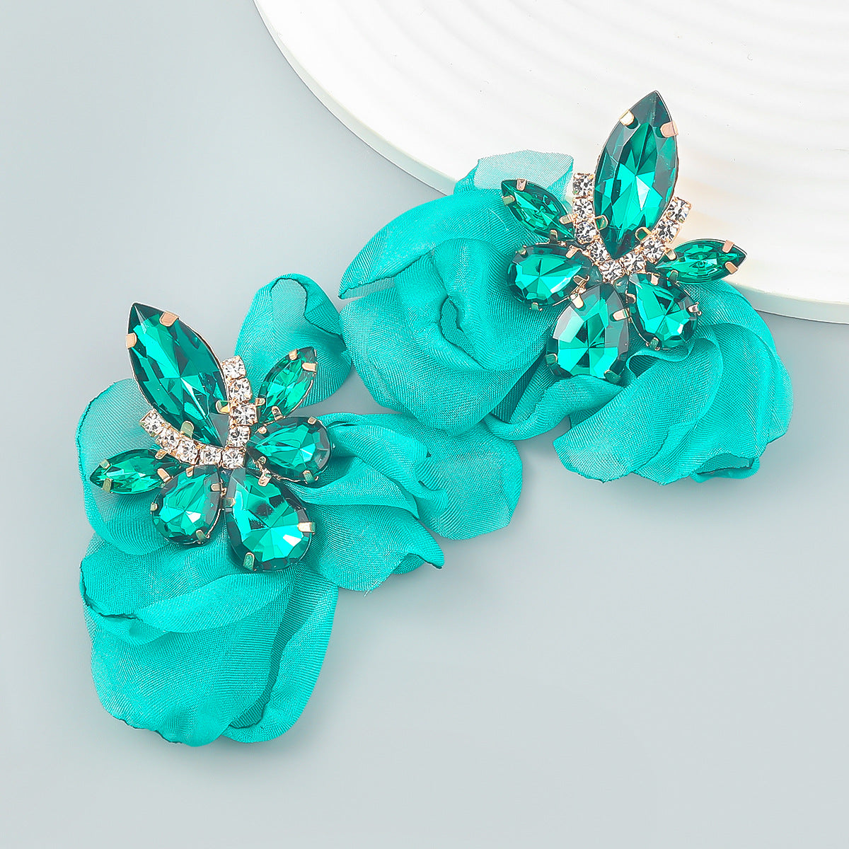 Alloy Diamond-embedded Fabric Flower Earrings