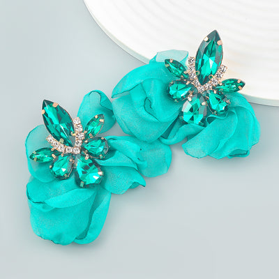 Alloy Diamond-embedded Fabric Flower Earrings