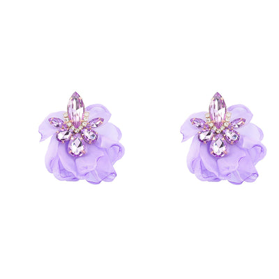 Alloy Diamond-embedded Fabric Flower Earrings