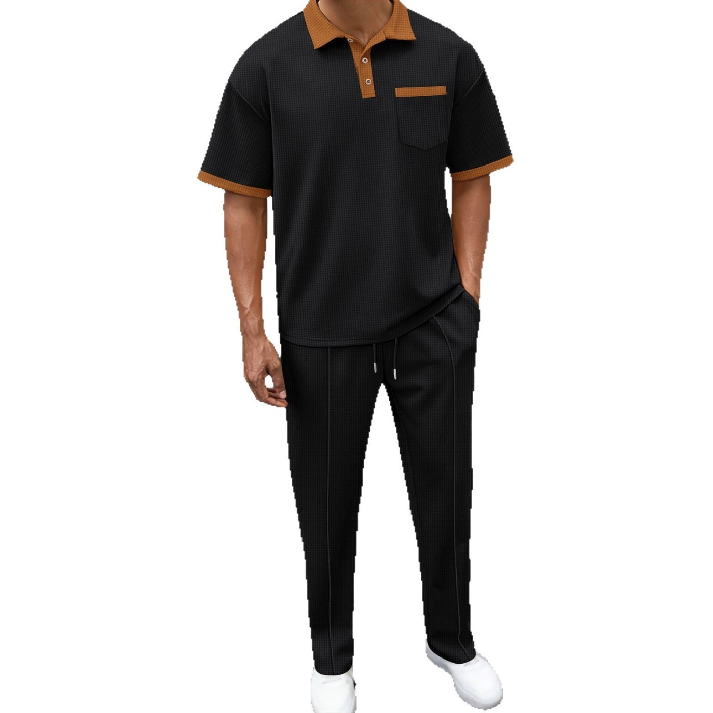 Waffle Lapel Color Matching Short-sleeved Trousers Two-piece Casual with Contrast Collar and Piping