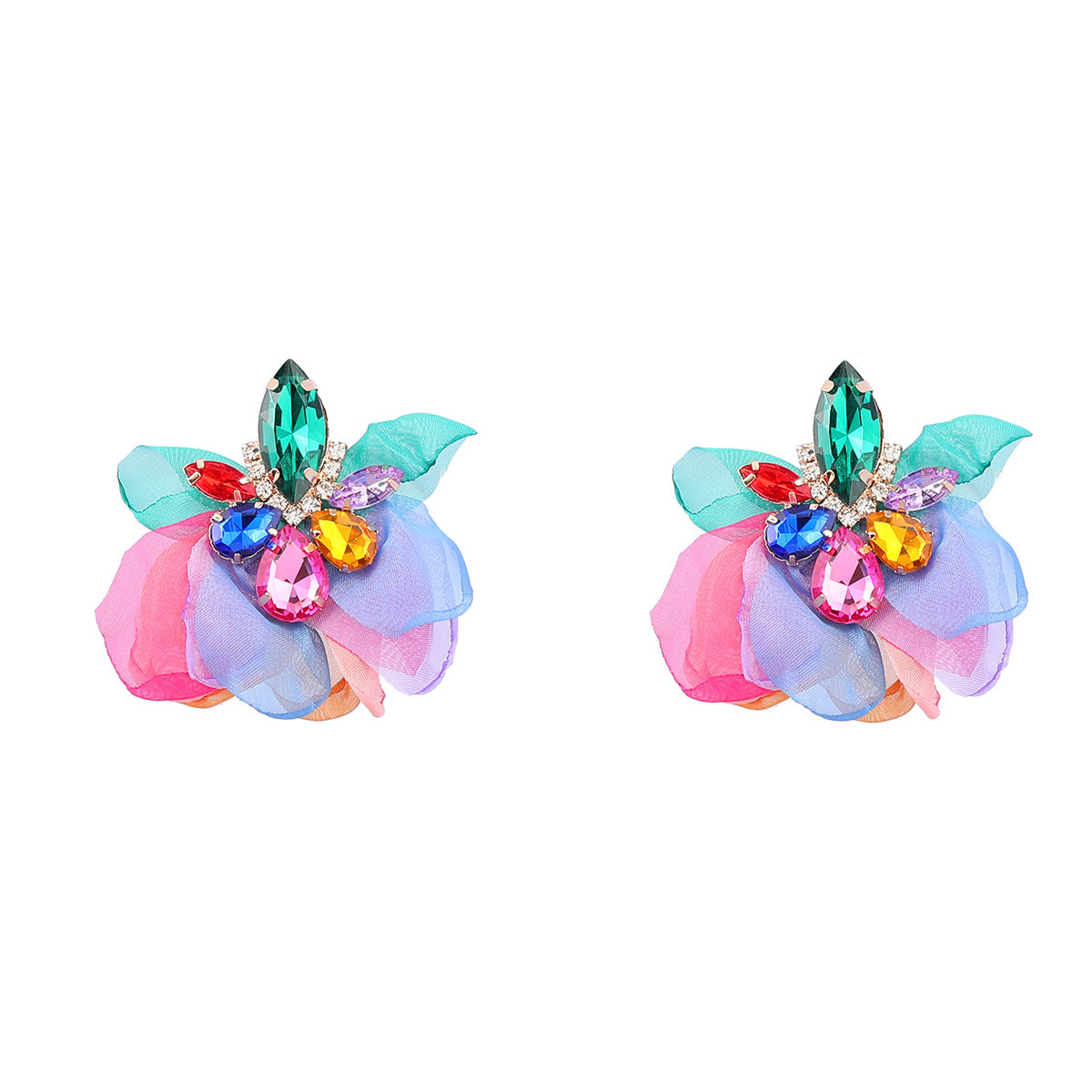 Alloy Diamond-embedded Fabric Flower Earrings