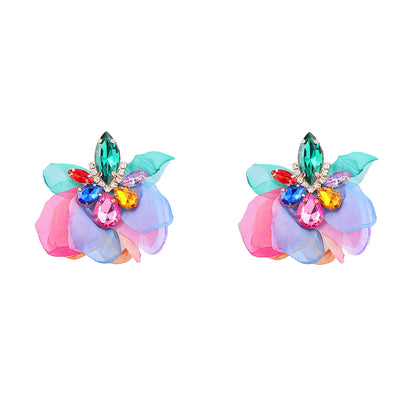 Alloy Diamond-embedded Fabric Flower Earrings
