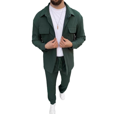 Men's Casual Green Corduroy Shirt & Jogger Set – Stylish Lounge and Streetwear