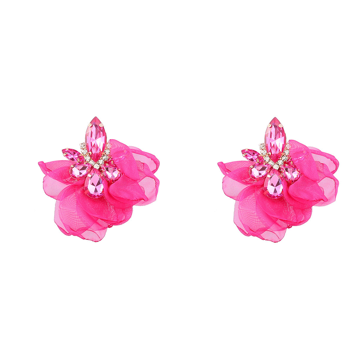 Alloy Diamond-embedded Fabric Flower Earrings