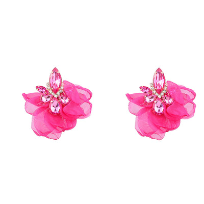 Alloy Diamond-embedded Fabric Flower Earrings