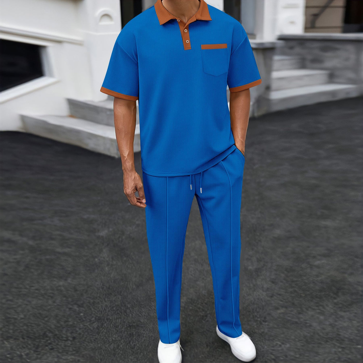 Waffle Lapel Color Matching Short-sleeved Trousers Two-piece Casual with Contrast Collar and Piping