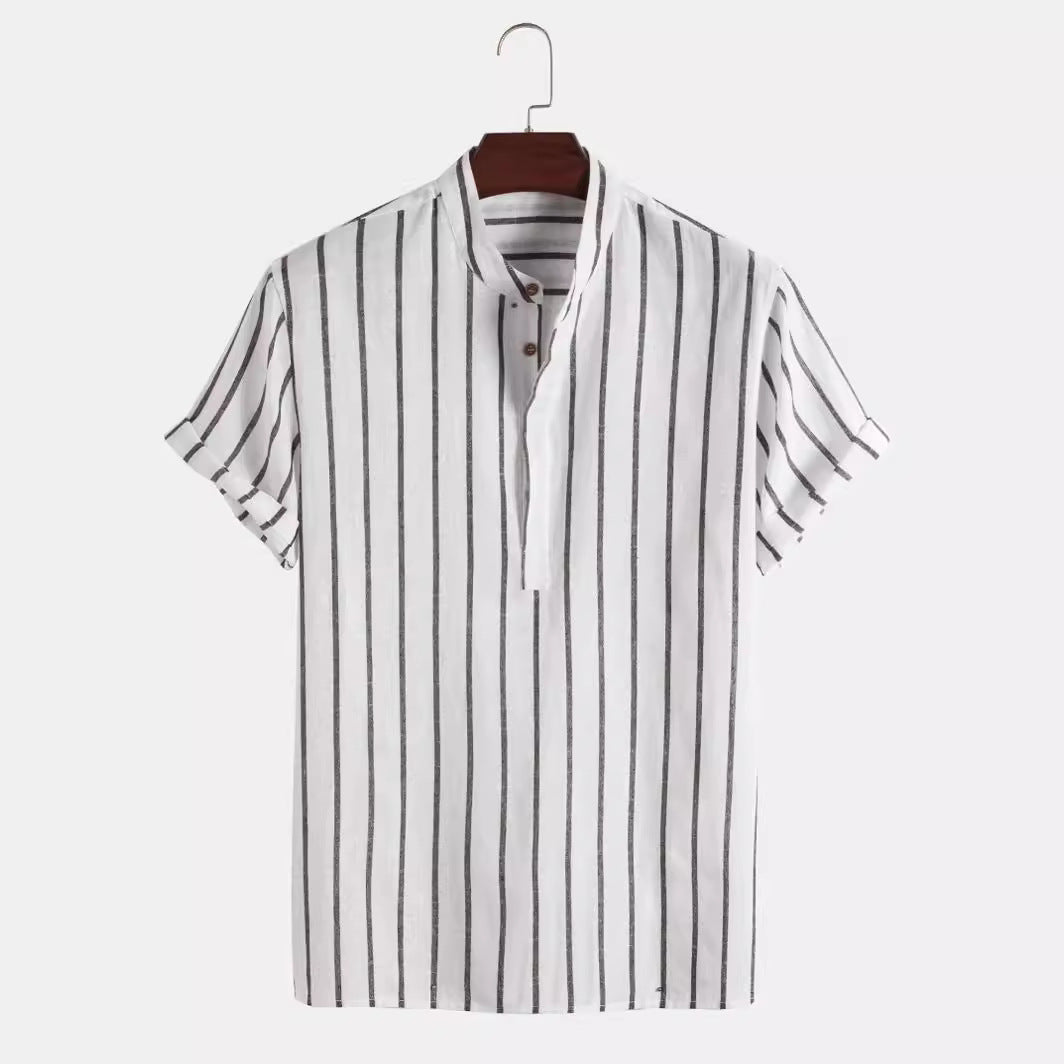 Men's Vertical Striped Linen Short Sleeve Shirt – Breathable, Stylish & Perfect for Summer