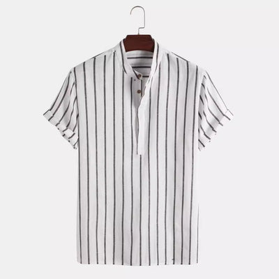 Men's Vertical Striped Linen Short Sleeve Shirt – Breathable, Stylish & Perfect for Summer