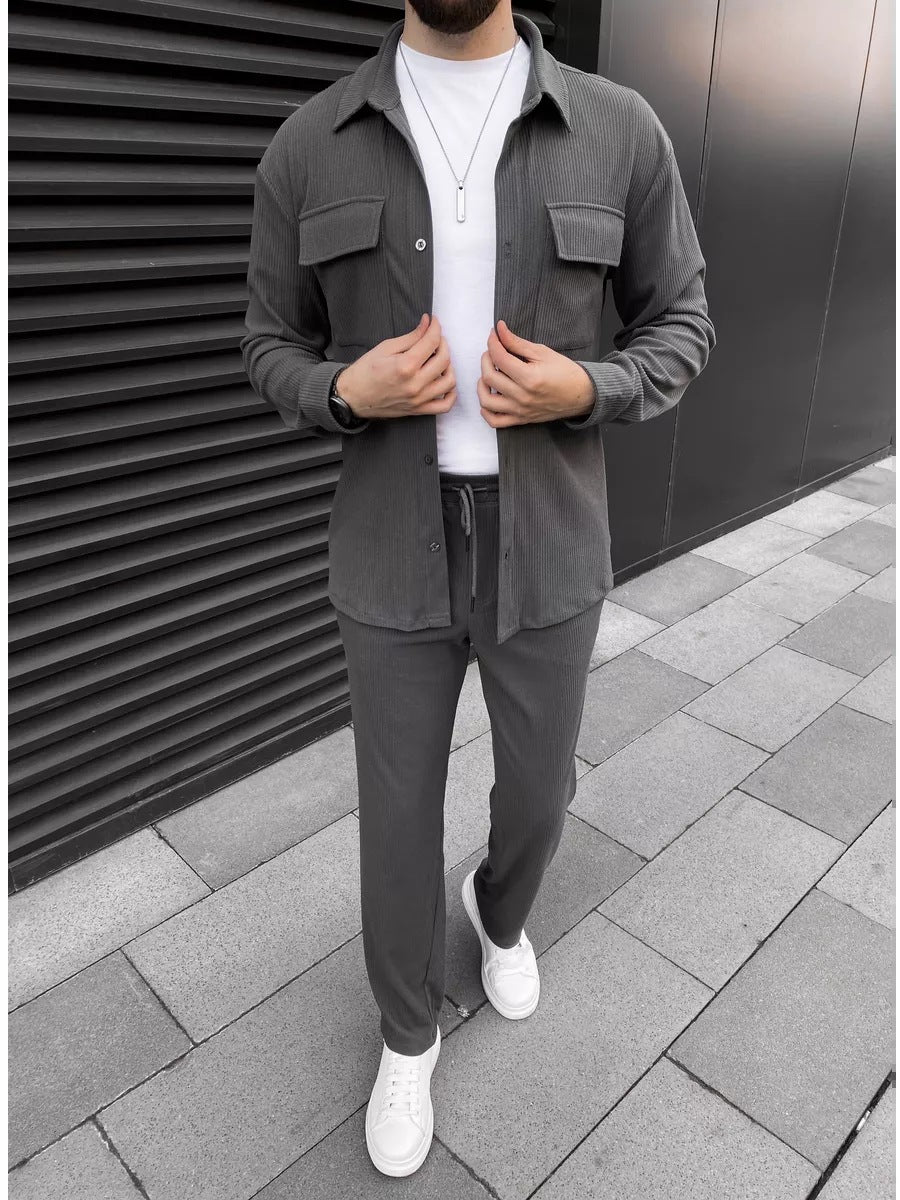 Men's Casual Green Corduroy Shirt & Jogger Set – Stylish Lounge and Streetwear