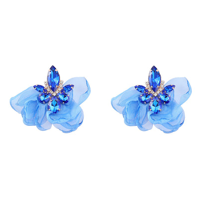 Alloy Diamond-embedded Fabric Flower Earrings