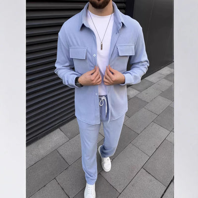 Men's Casual Green Corduroy Shirt & Jogger Set – Stylish Lounge and Streetwear
