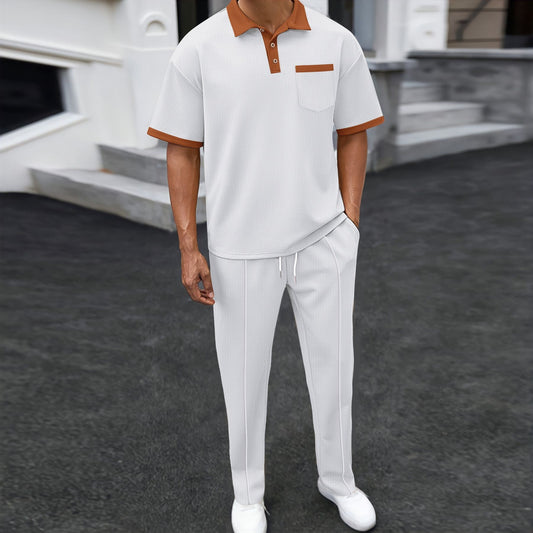 Waffle Lapel Color Matching Short-sleeved Trousers Two-piece Casual with Contrast Collar and Piping