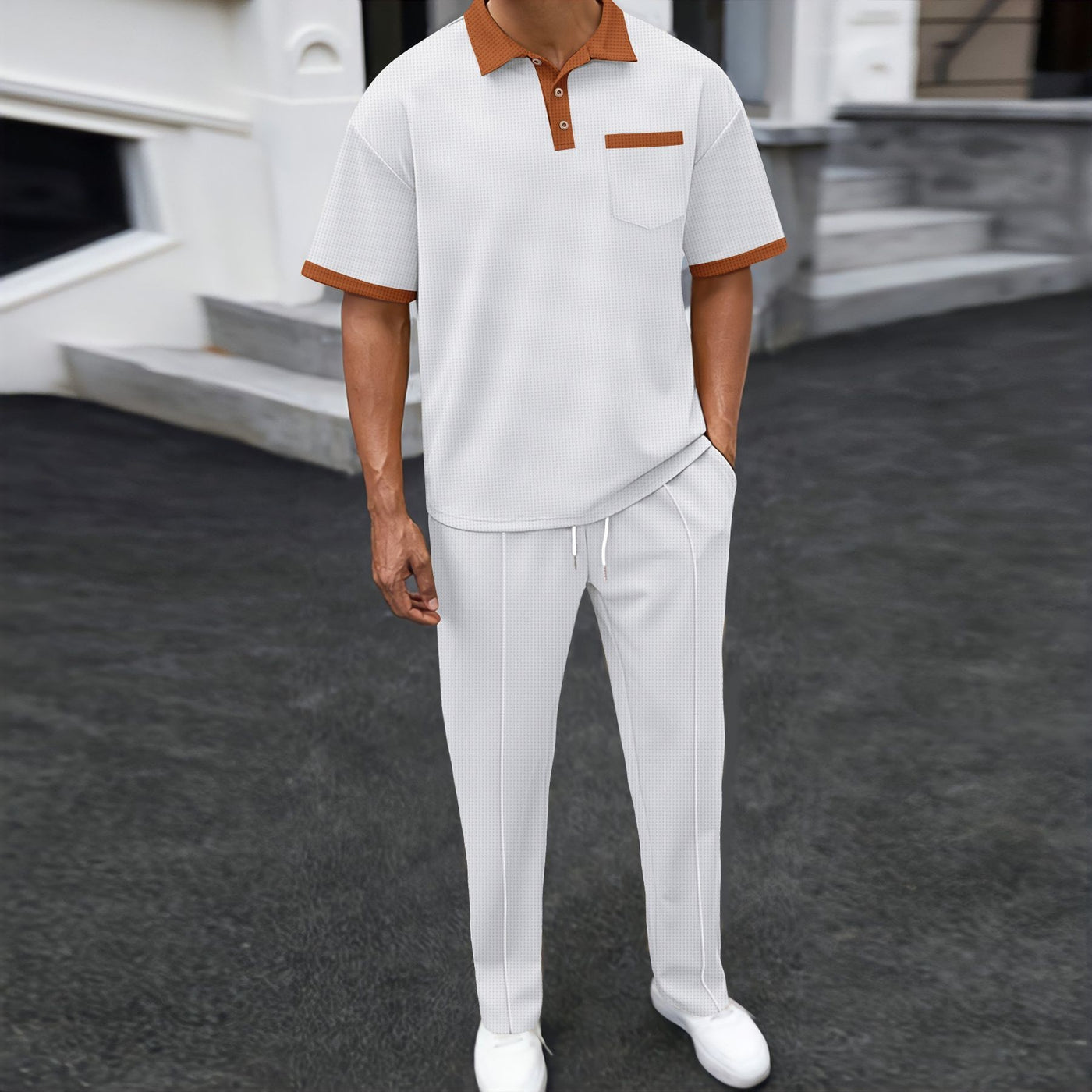 Waffle Lapel Color Matching Short-sleeved Trousers Two-piece Casual with Contrast Collar and Piping