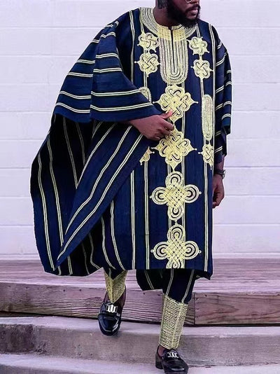 Traditional Nigerian Men's Agbada Attire with Gold Embroidery – Elegant African Wear for Special Occasions