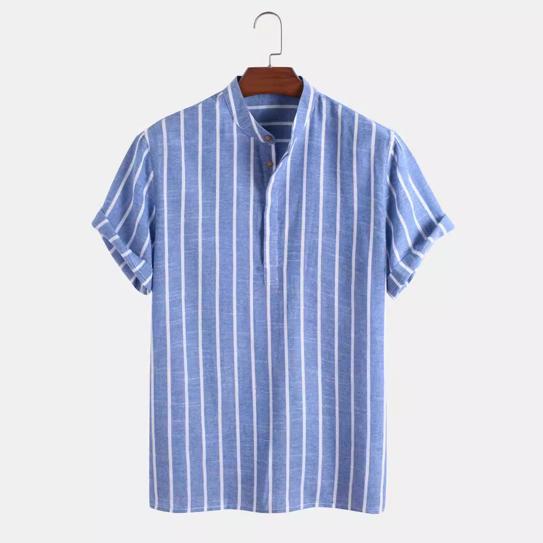 Men's Vertical Striped Linen Short Sleeve Shirt – Breathable, Stylish & Perfect for Summer