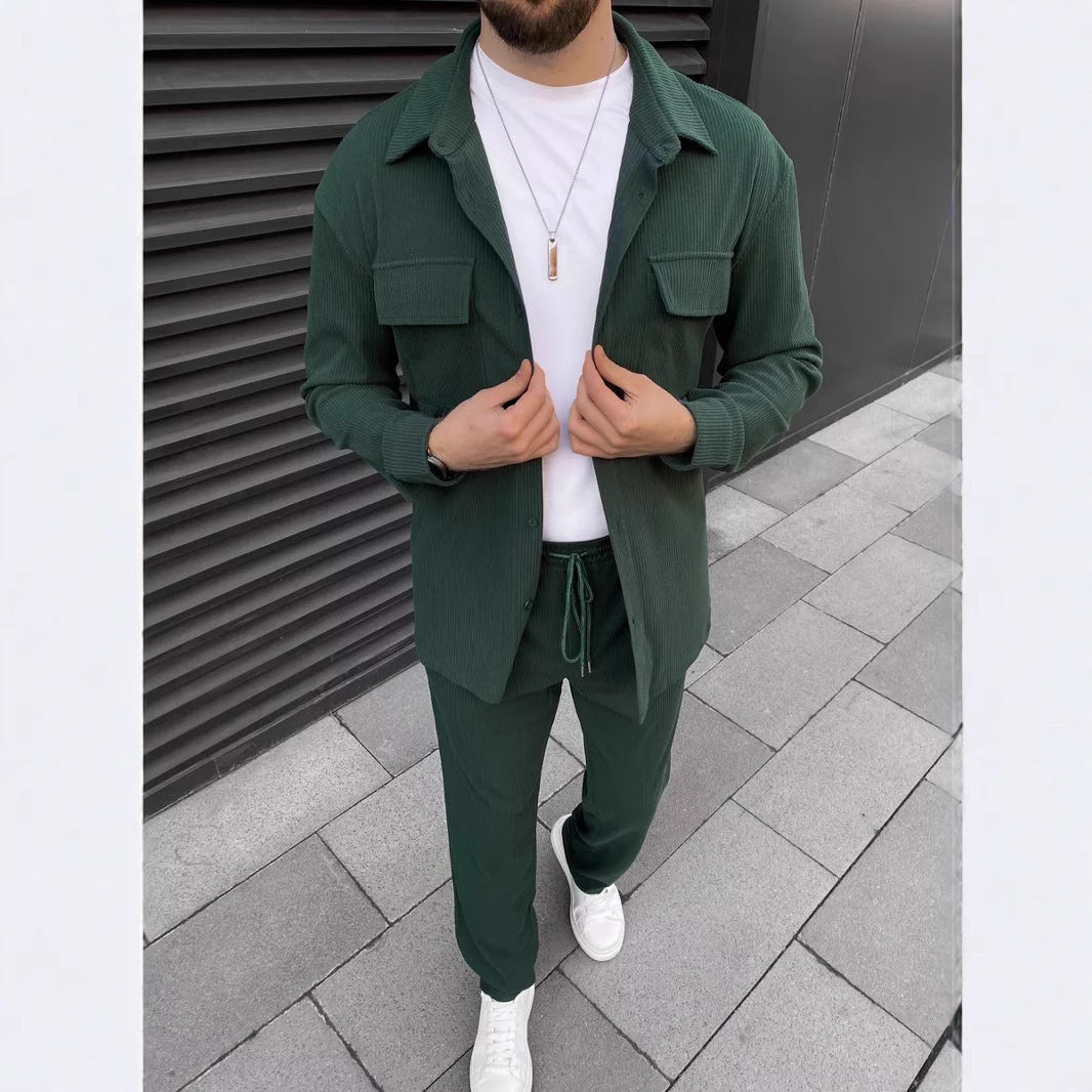 Men's Casual Green Corduroy Shirt & Jogger Set – Stylish Lounge and Streetwear