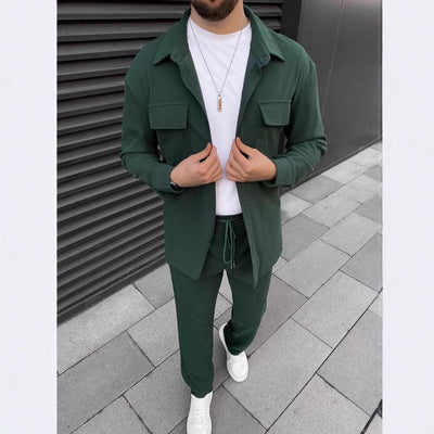 Men's Casual Green Corduroy Shirt & Jogger Set – Stylish Lounge and Streetwear