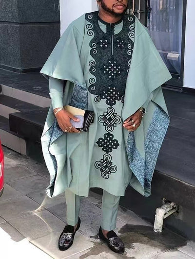 Traditional Nigerian Men's Agbada Attire with Gold Embroidery – Elegant African Wear for Special Occasions
