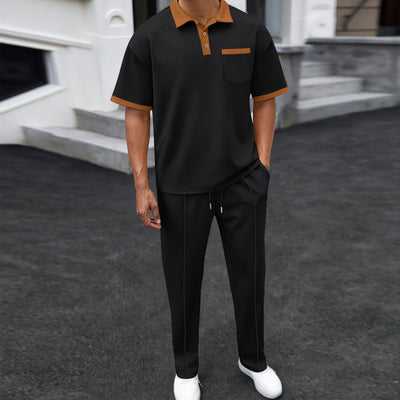 Waffle Lapel Color Matching Short-sleeved Trousers Two-piece Casual with Contrast Collar and Piping