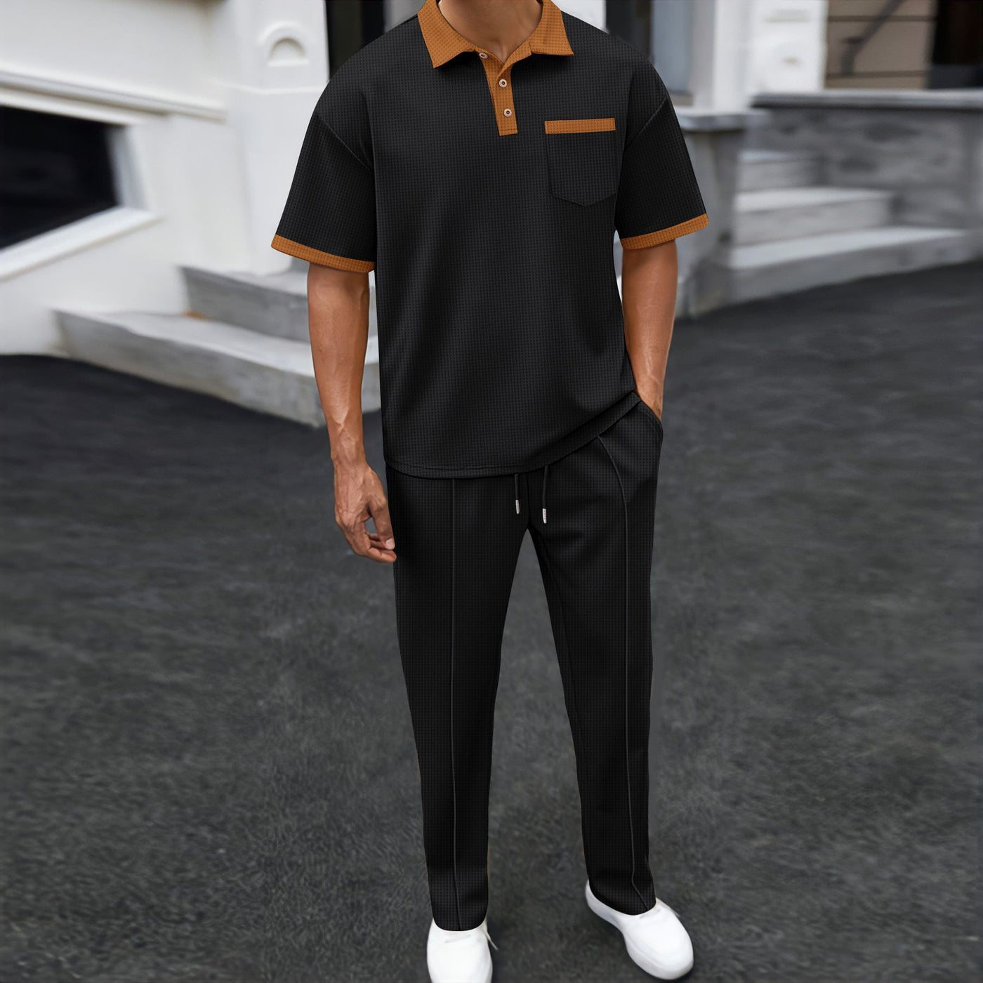 Waffle Lapel Color Matching Short-sleeved Trousers Two-piece Casual with Contrast Collar and Piping