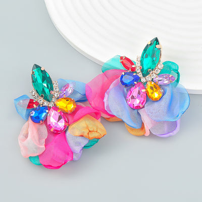 Alloy Diamond-embedded Fabric Flower Earrings