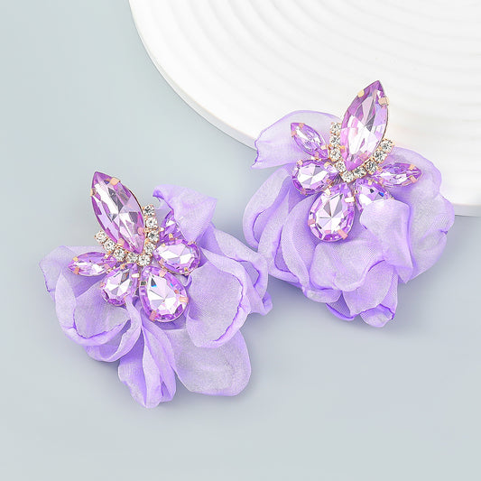 Alloy Diamond-embedded Fabric Flower Earrings