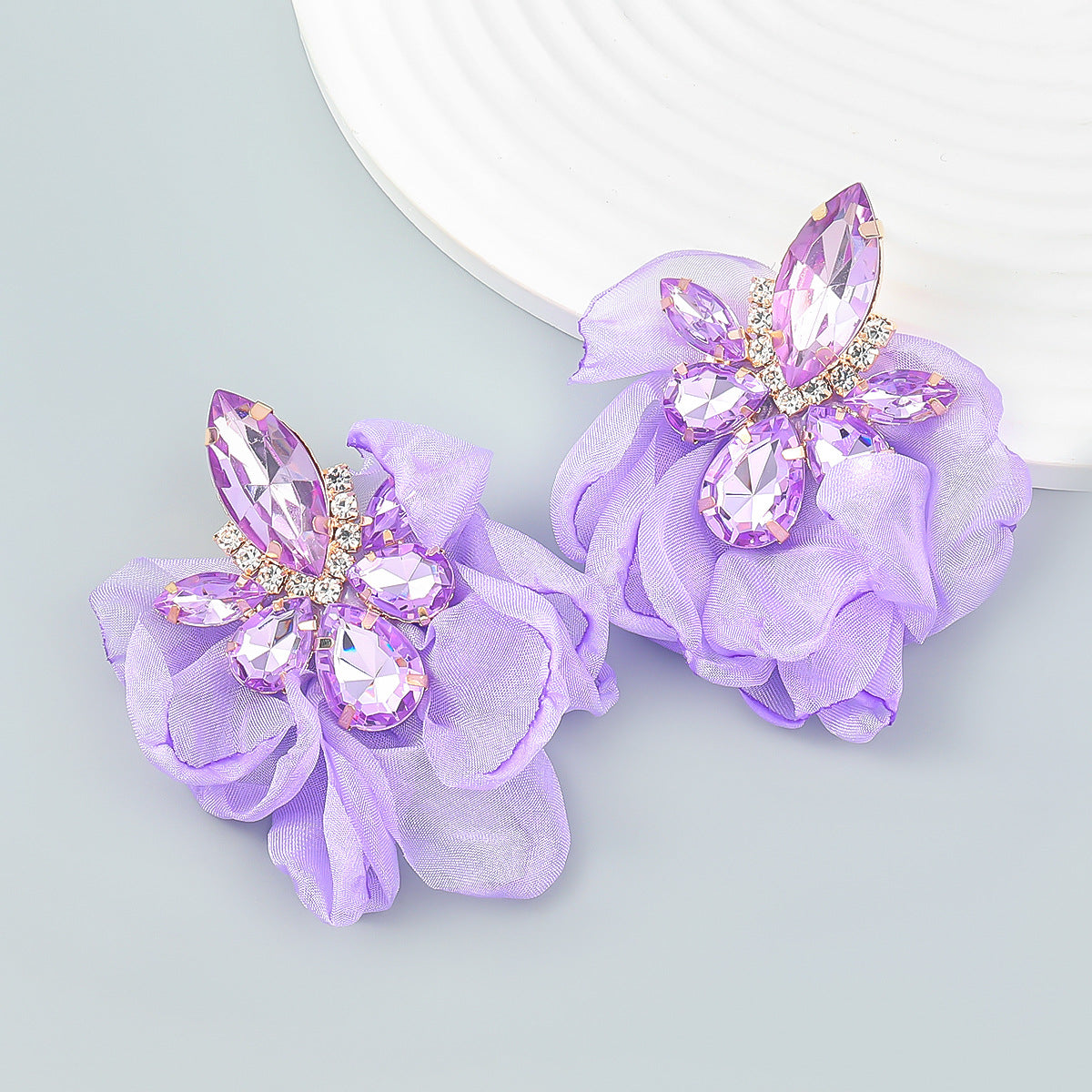 Alloy Diamond-embedded Fabric Flower Earrings