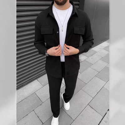 Men's Casual Green Corduroy Shirt & Jogger Set – Stylish Lounge and Streetwear
