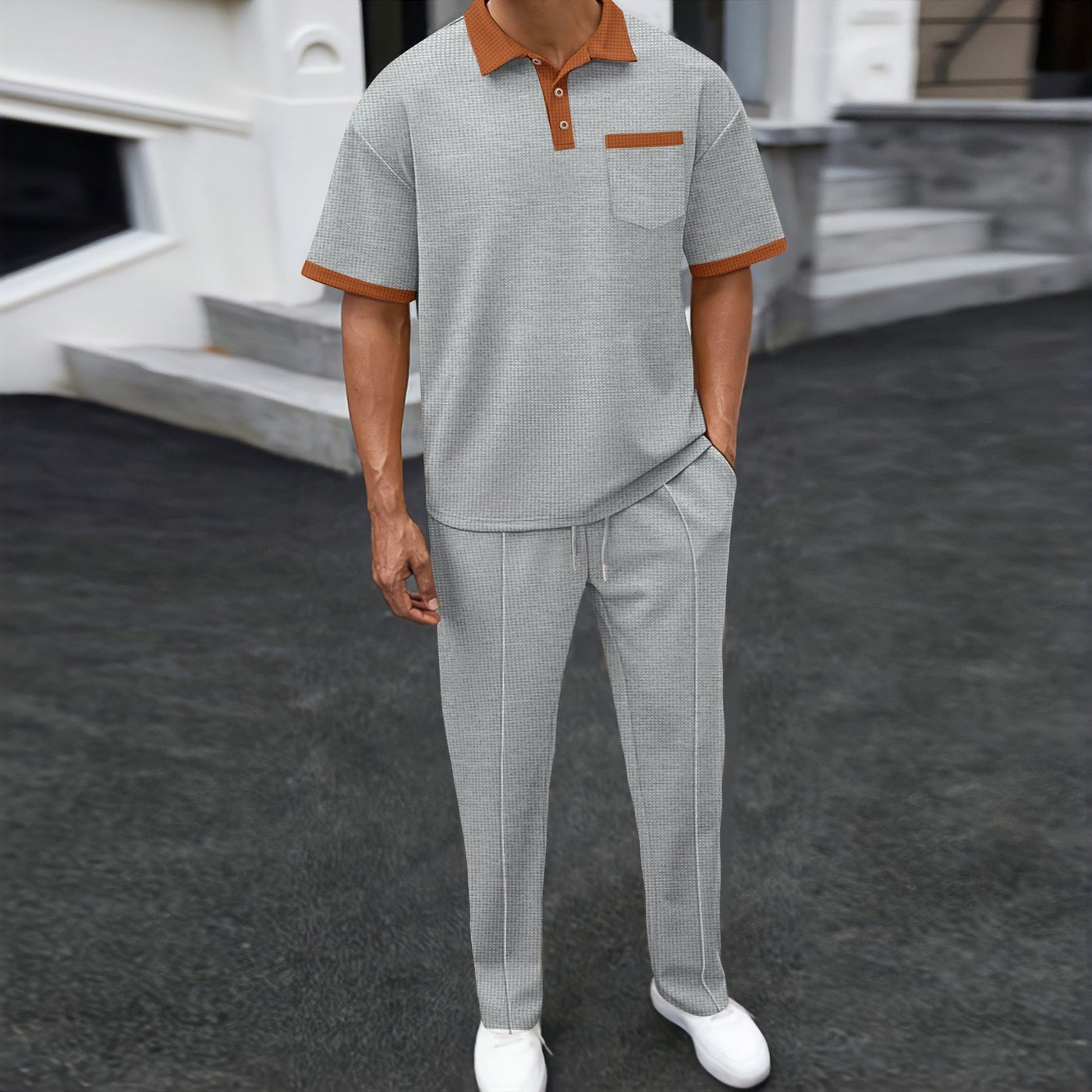 Waffle Lapel Color Matching Short-sleeved Trousers Two-piece Casual with Contrast Collar and Piping