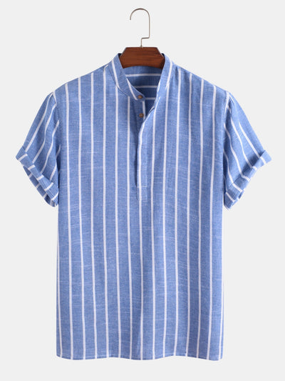 Men's Vertical Striped Linen Short Sleeve Shirt – Breathable, Stylish & Perfect for Summer
