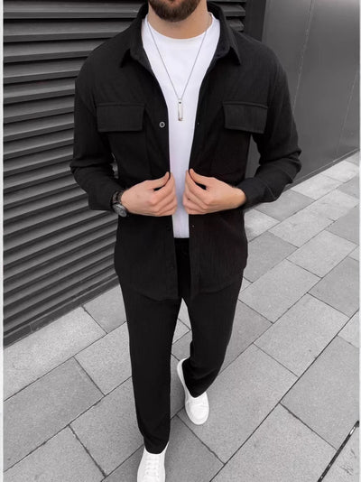 Men's Casual Green Corduroy Shirt & Jogger Set – Stylish Lounge and Streetwear