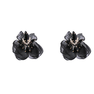 Alloy Diamond-embedded Fabric Flower Earrings