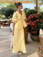 Cotton Lace-Up Bubble Sleeve Shirt & Long Skirt Set