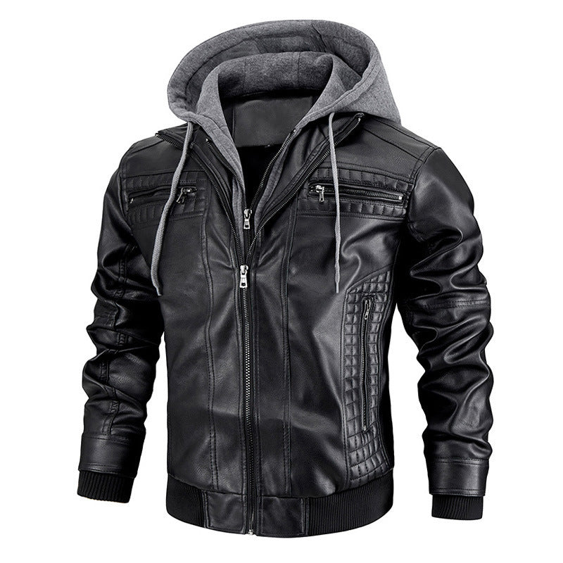Hooded Jacket With Zipper Pockets Fashion Warm Leather Coat Mens Clothing
