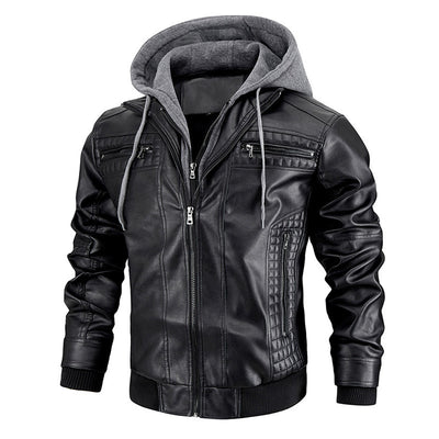 Hooded Jacket With Zipper Pockets Fashion Warm Leather Coat Mens Clothing