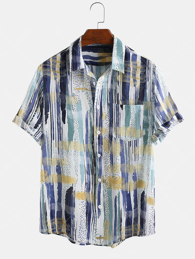 Men's Short Sleeve Button-Down Shirt with Vibrant Abstract Print – Casual, Stylish & Comfortable