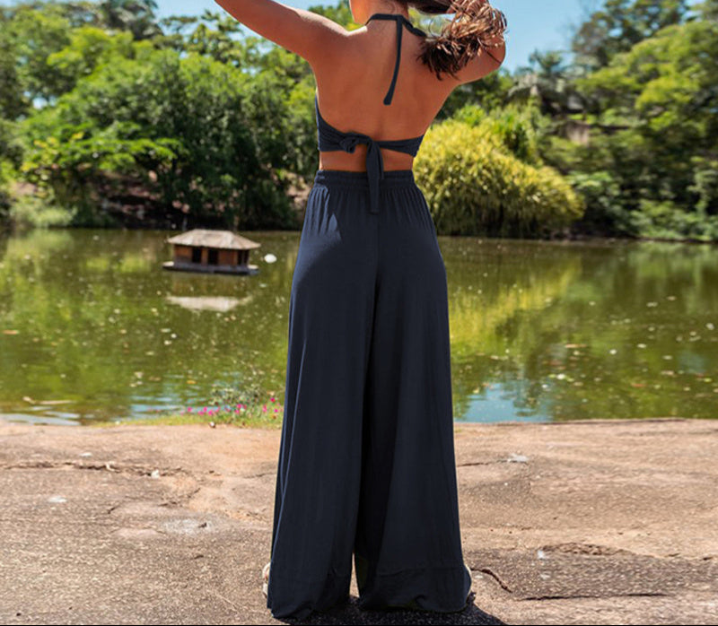 Loose Drawstring Side Slit Wide Leg Pants