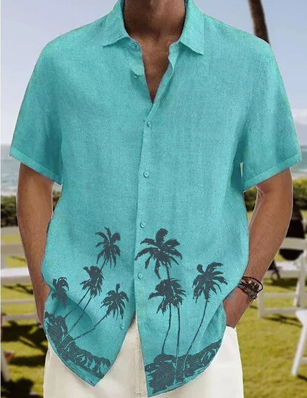Men’s Casual Short Sleeve Linen Shirt with Palm Tree Print – Stylish, Breathable & Perfect for Summer