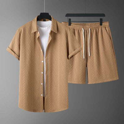 Men's Elegant Textured Short Sleeve Shirt & Matching Shorts Set – Classic, Stylish, Comfortable