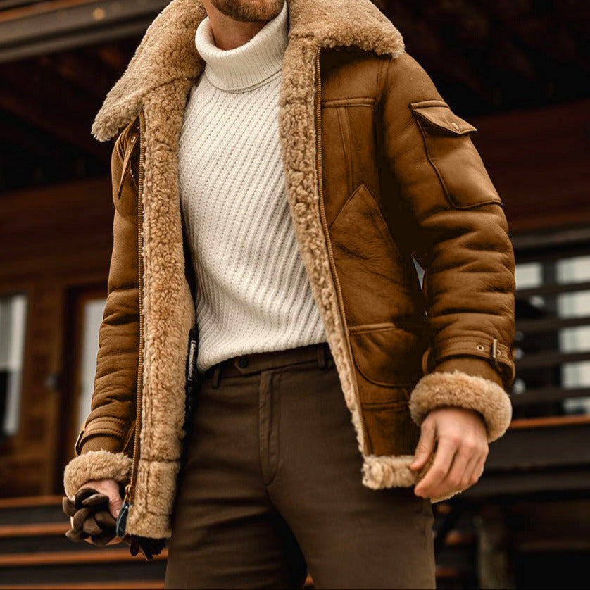 Men's Faux Leather Aviator Jacket with Shearling Lining