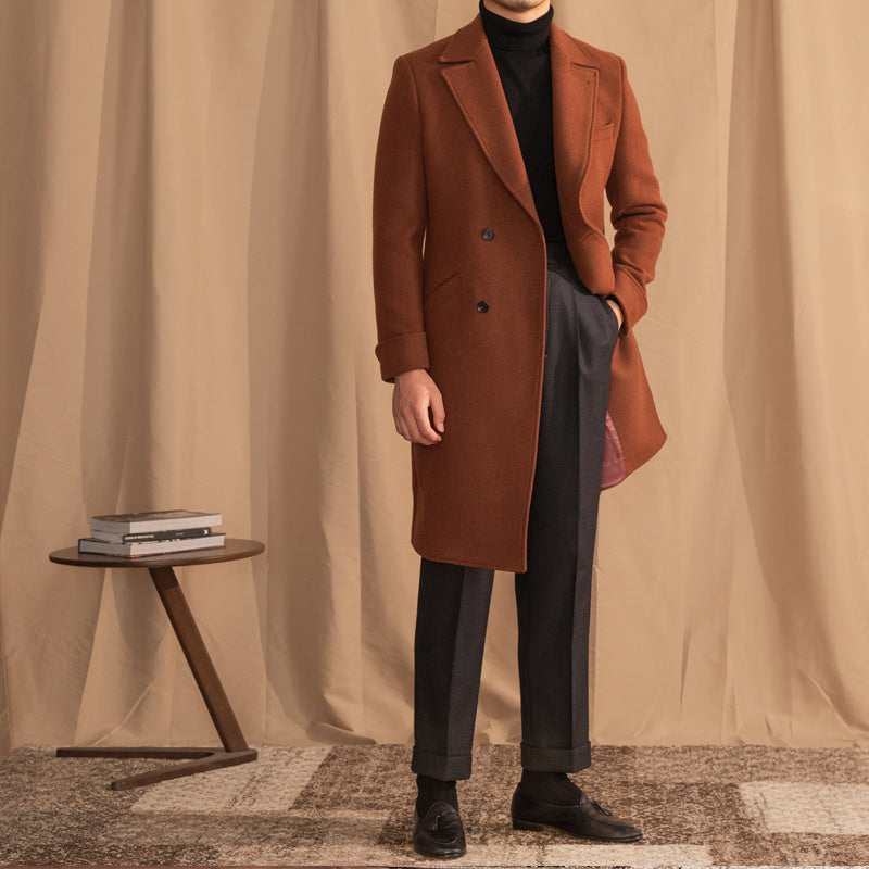 Elegant Men's Caramel Double-Breasted Wool Overcoat