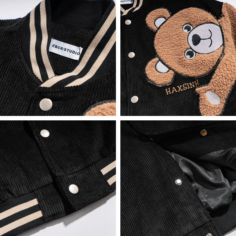 Mens' Cozy Teddy Bear Embroidered Bomber Jacket