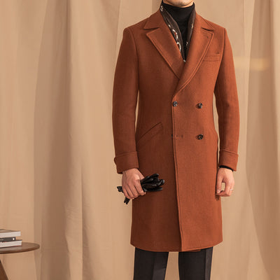 Elegant Men's Caramel Double-Breasted Wool Overcoat