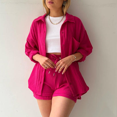 Wrinkled Fabric Casual Shorts Set
