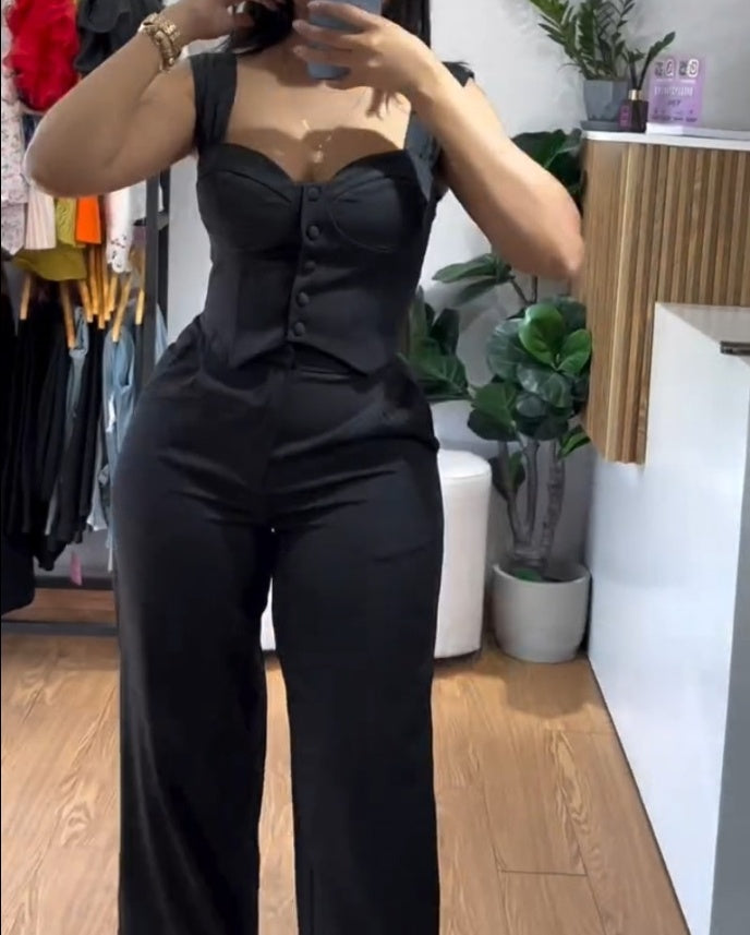 Slim Fit Vest & High Waisted Wide Leg Pants