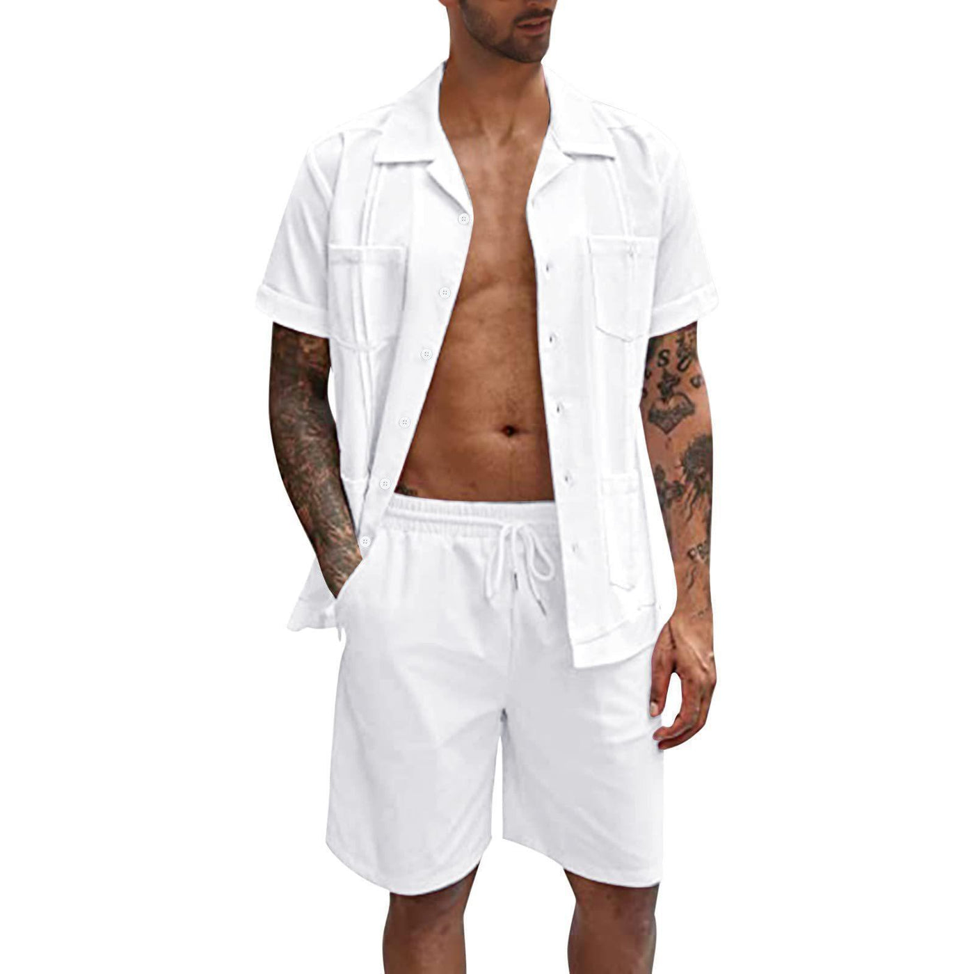 Men’s Short Sleeve Casual Button-Down Shirt & Drawstring Shorts Set – Stylish, Comfortable Summer Outfit