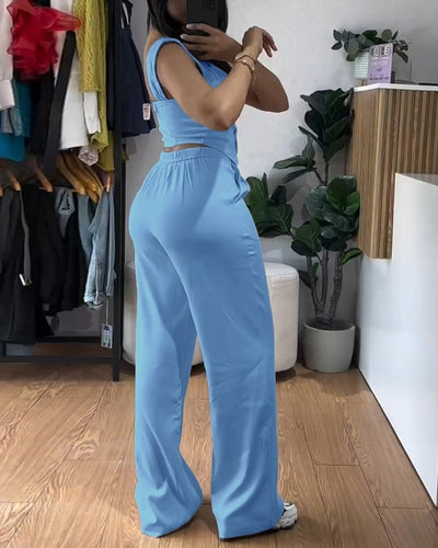 Slim Fit Vest & High Waisted Wide Leg Pants