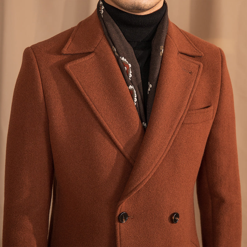 Elegant Men's Caramel Double-Breasted Wool Overcoat