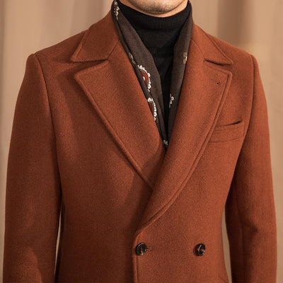 Elegant Men's Caramel Double-Breasted Wool Overcoat