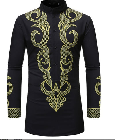 Men's Traditional African Embroidered Dashiki Shirt – Elegant Nigerian Style with Gold & White Detailing